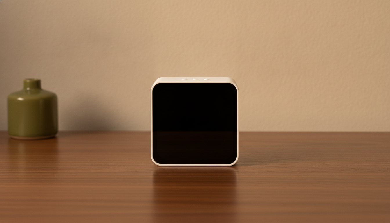 Pip, a small white cube with two amber eyes, on a walnut table