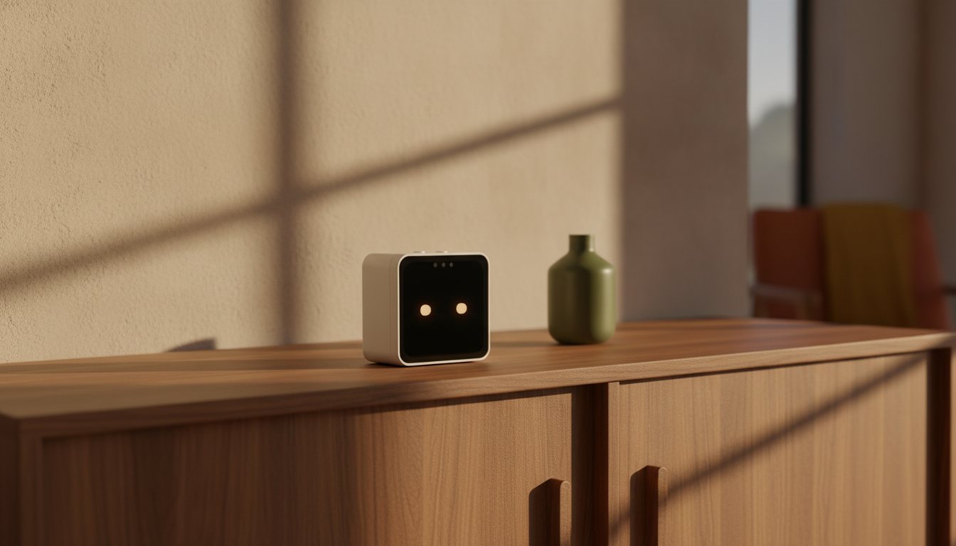 Pip on a walnut credenza in late afternoon light