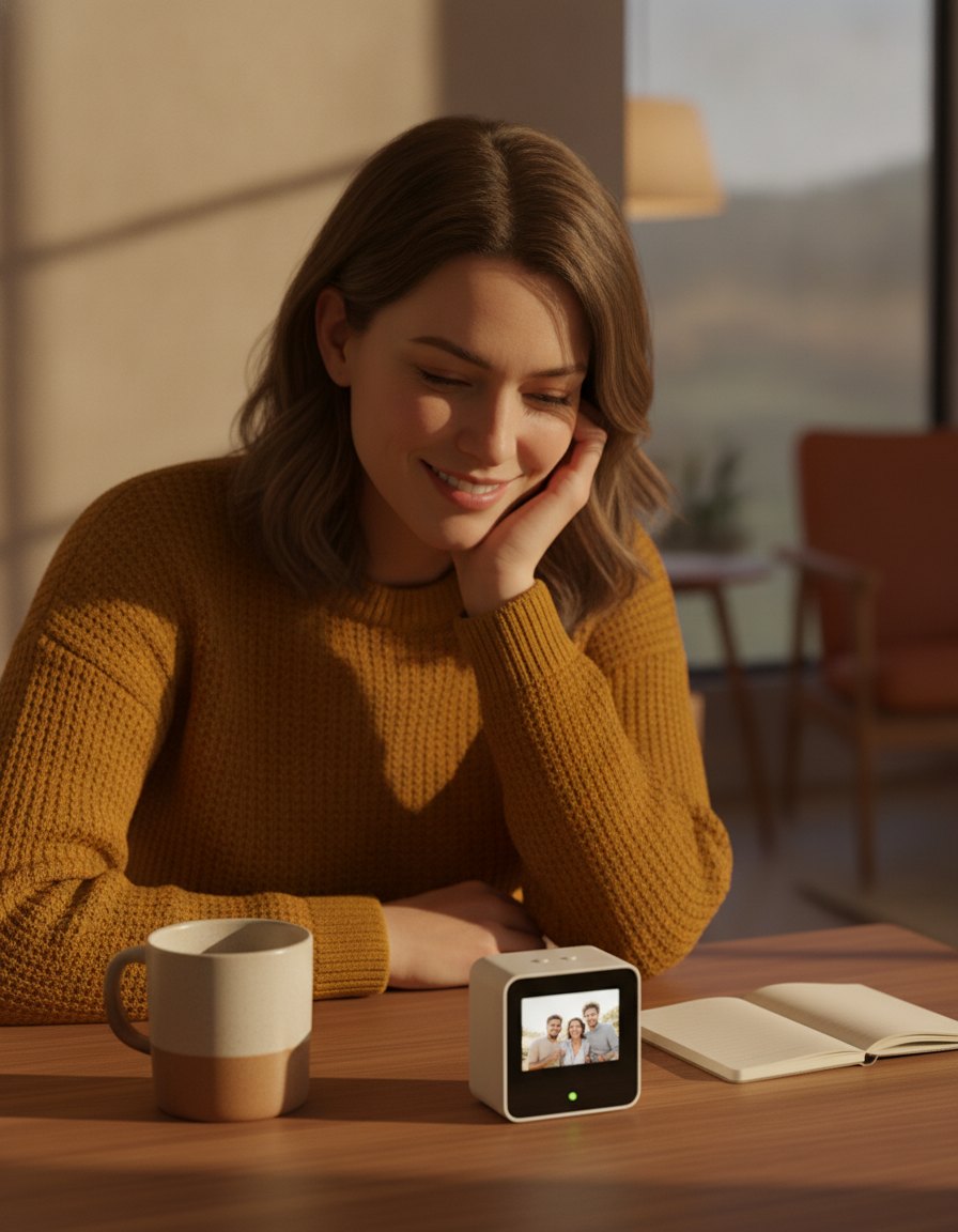 A woman at her desk smiling at Pip, which shows a photo of her friends laughing together