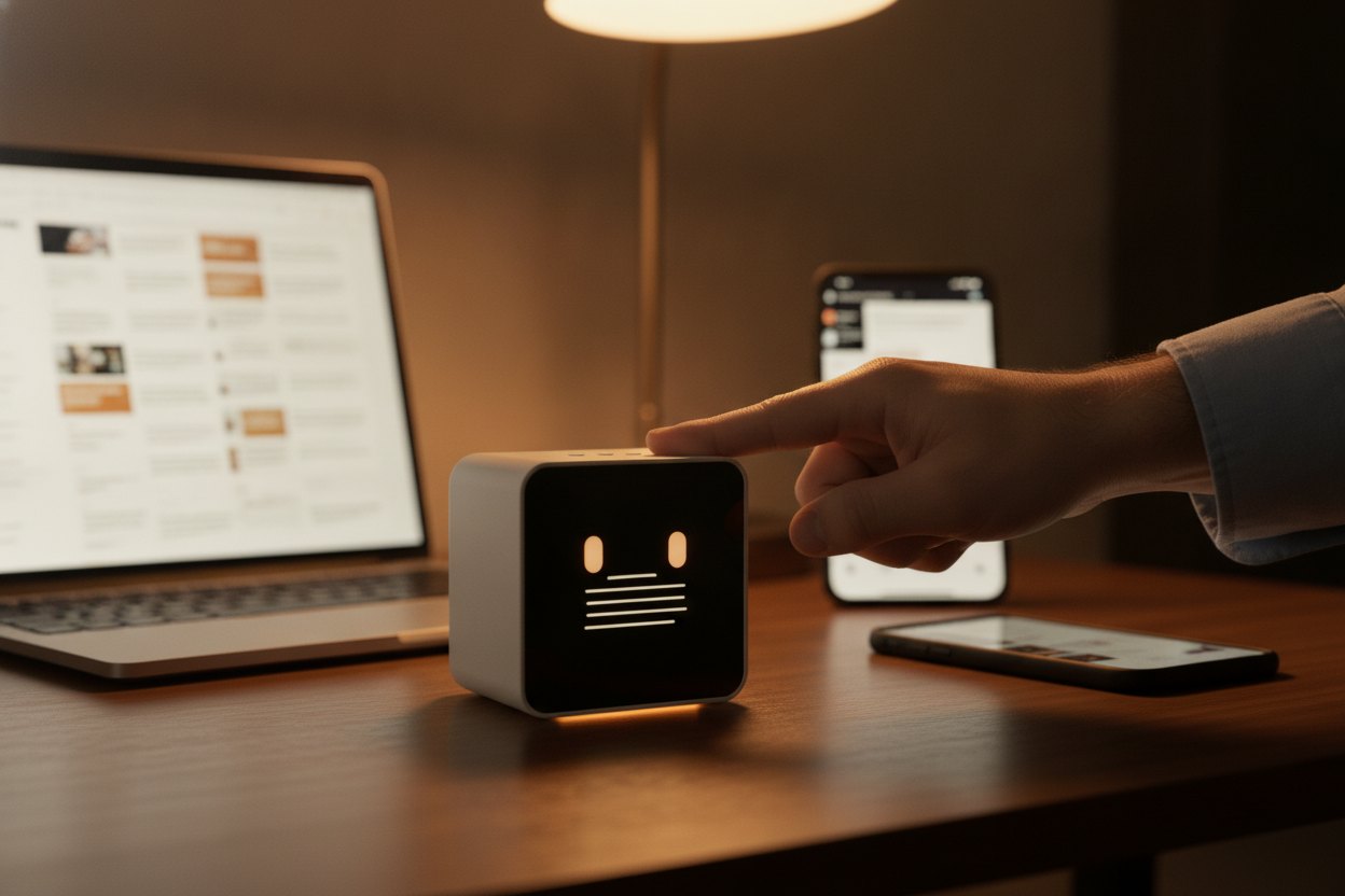 A hand knocking on Pip, which glows with one message, in front of a laptop full of email and a buzzing phone
